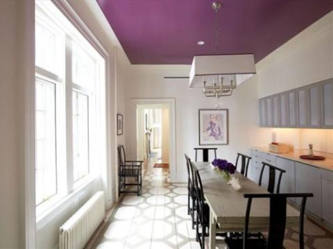 Modern Dining Room with design painted on hardwood flooring