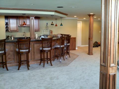 Traditional Bar with transition from tile floor to carpet floor