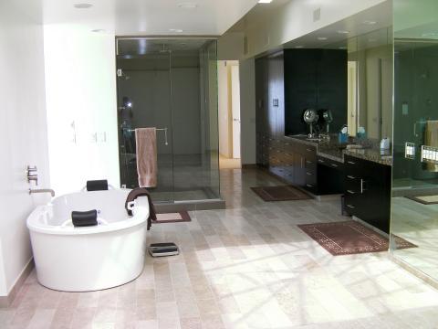 Transitional Bathroom with large wall mounted vanity mirror