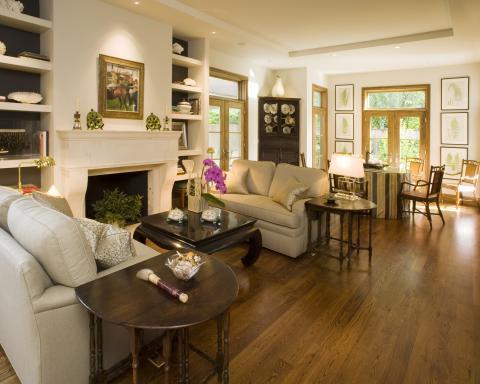 Transitional Family Room with off white over stuffed sofas