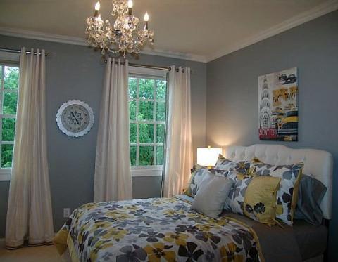Transitional Bedroom with bedside reading lamp with white shade