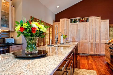 Modern Kitchen with grass cloth roman shade window coverings