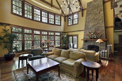 Traditional Family Room with beautiful dark hardwood flooring