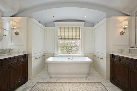Transitional Bathroom with picture frame moulding