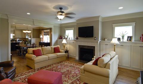 Traditional Family Room with medium wood stained floors