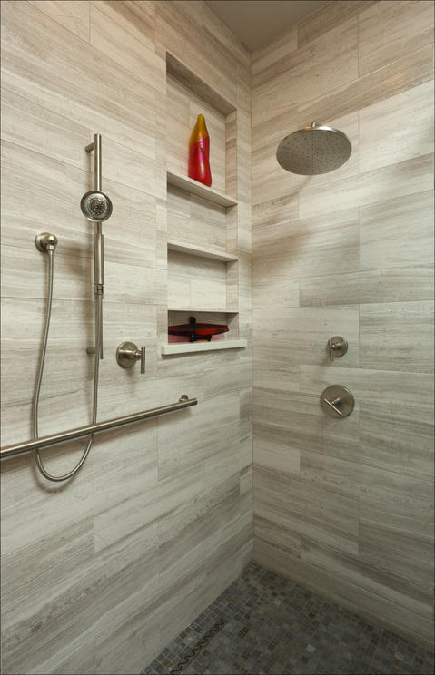 Contemporary Bathroom with brushed nickel plumbing fixtures