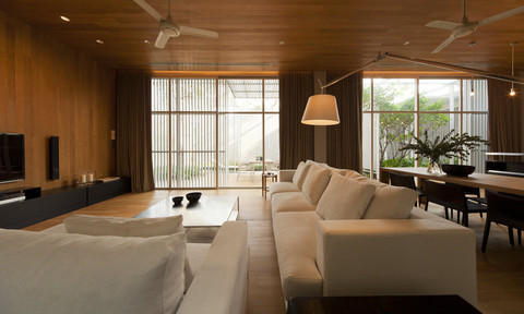 Contemporary Family Room with black contemporary long cabinet