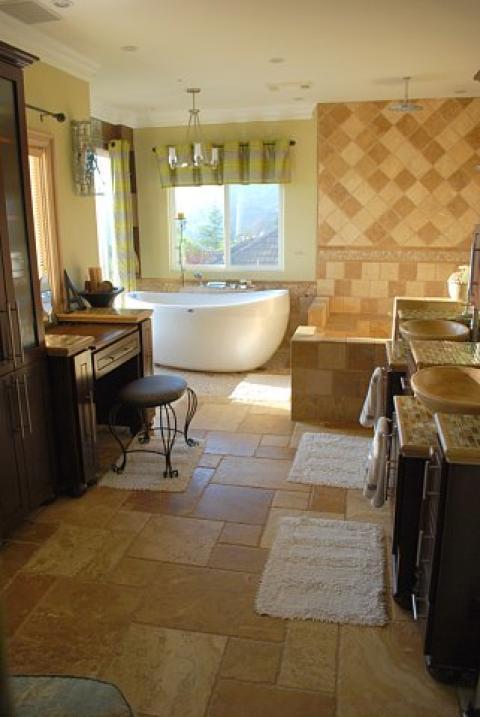 Eclectic Bathroom with large stand alone soaking tub