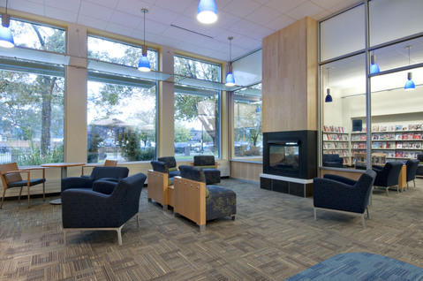 Modern Library with blue glass pendant lights