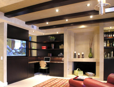 Contemporary Home Office with stone fireplace and mantel
