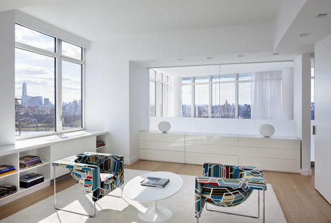 Contemporary Bedroom with white low profile dresser