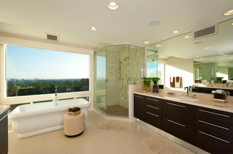Contemporary Bathroom with light tan tile shower wall covering