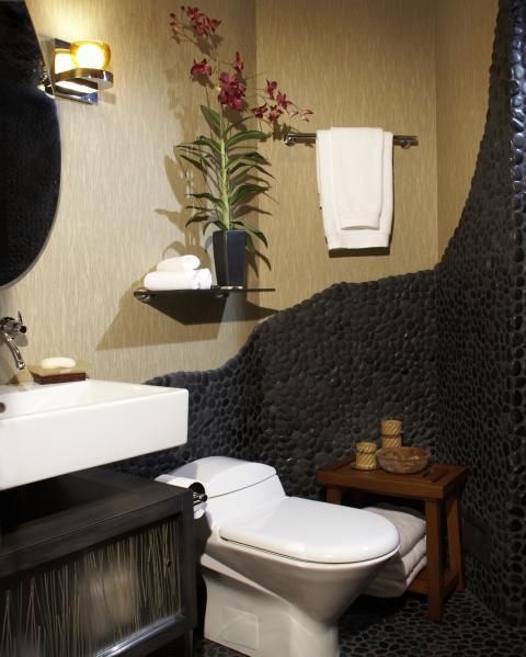 Eclectic Bathroom with silver wall hung vanity sconce lighting