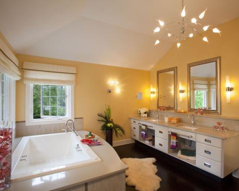 Eclectic Bathroom with light grey counter around tub