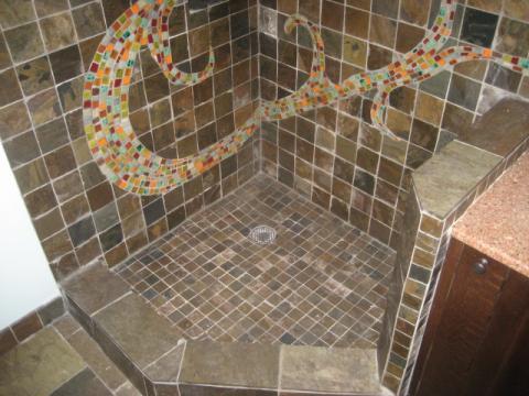 Contemporary Bathroom with multi-color mosaic tile
