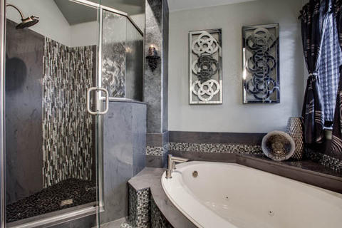 Eclectic Bathroom with glass mosaic tile shower wall