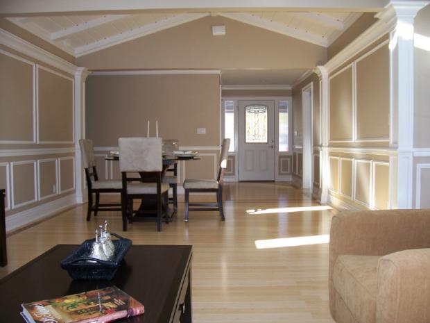 Traditional Dining Room with white picture frame moulding