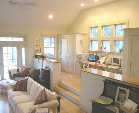 Traditional Home Office with white upholstered sofa