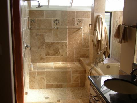 Eclectic Bathroom with black solid surface counter