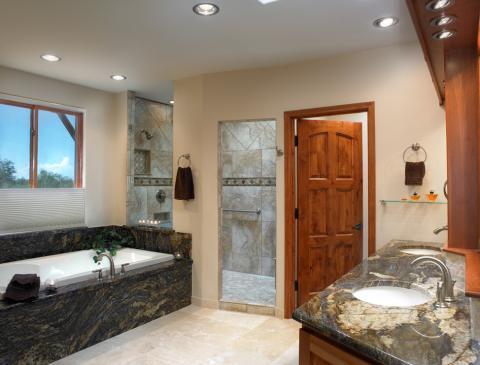 Eclectic Bathroom with dark rustic wood door and window frame