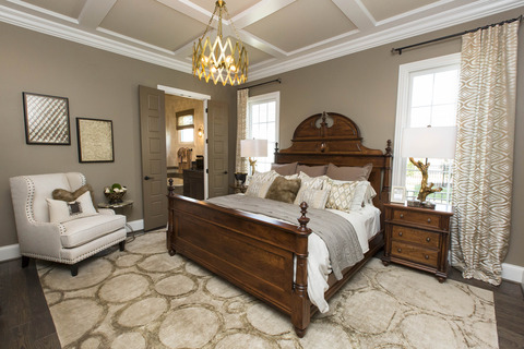 Transitional Bedroom with brass finish chandelier