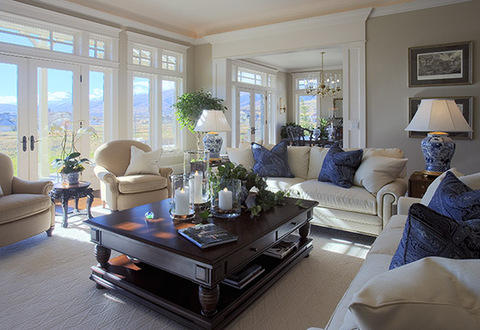 Transitional Living Room with dark wood large coffee table