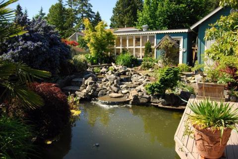 Traditional Landscape with water fall into pond