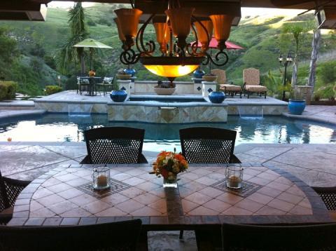 Traditional Pool with stamped concrete pool deck