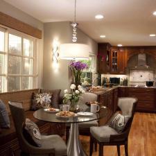 Transitional Dining Room with upholstered bench for kitchen nook