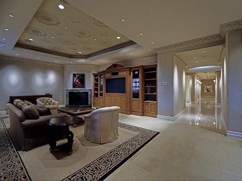 Traditional Home Theater with carved ornate crown molding