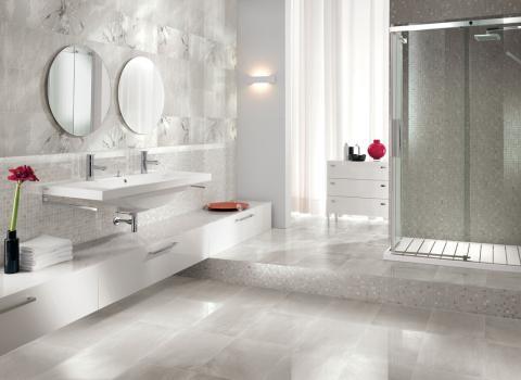 Contemporary Bathroom with wall mounted storage cabinets