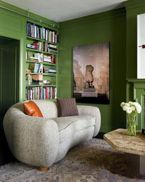 Eclectic Library with stone top coffee table