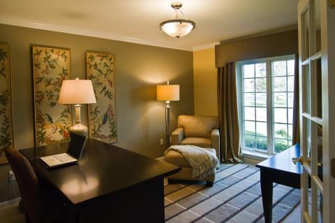 Contemporary Home Office with upholstered window cornice
