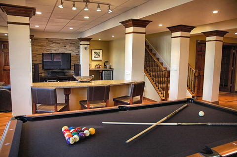 Traditional Basement with drywall square columns with crown molding