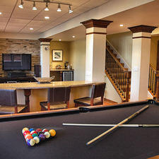 Traditional Basement with drywall square columns with crown molding