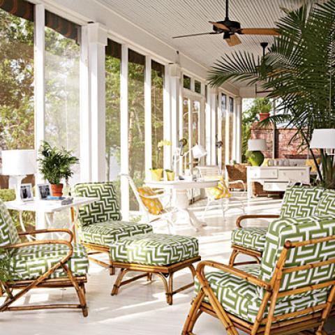 Transitional Sunroom with white patio table with matching chairs