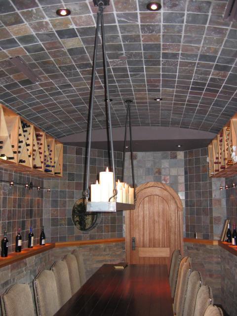 Traditional Wine Cellar with light wood wine shelves