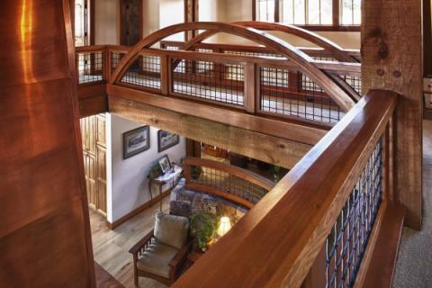Traditional Family Room with medium wood window coverings
