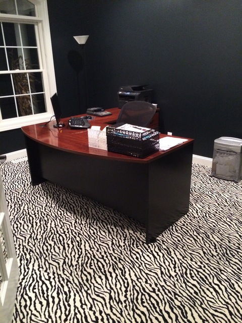 Eclectic Home Office with black desk with wood top