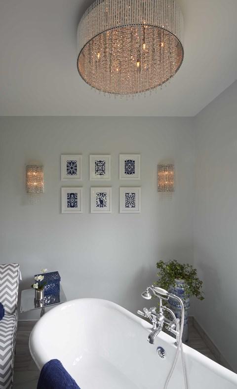 Eclectic Bathroom with crystal drum ceiling mount light fixture