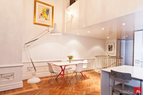 Transitional Dining Room with silver metal breakfast bar stool