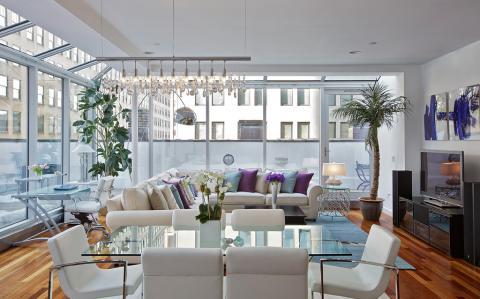 Contemporary Family Room with blinds with top down feature