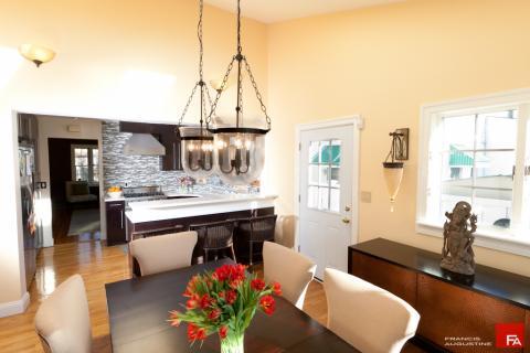 Transitional Dining Room with beige upholstered dining chairs