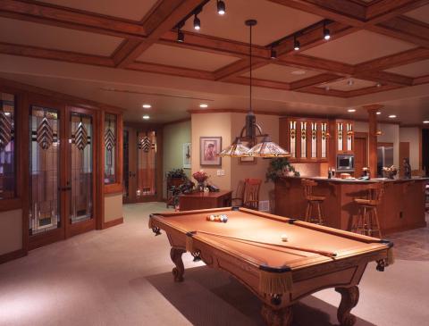 Traditional Basement with beautiful glass designs on doors and cabinets