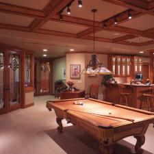 Traditional Basement with beautiful glass designs on doors and cabinets