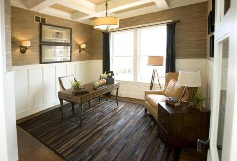 Contemporary Home Office with stripes wood panels pattern on area rug