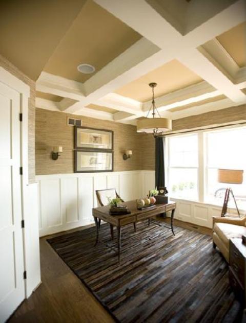 Contemporary Home Office with white wood wall covering