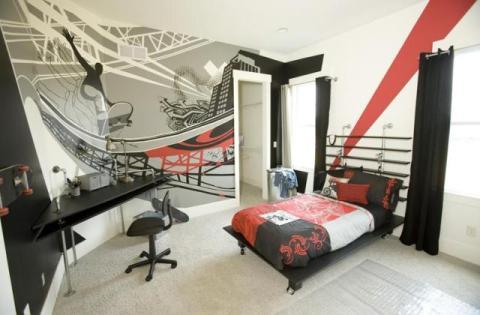 Contemporary Kids Room with red black and white bed spread