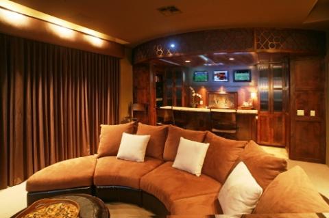 Contemporary Home Theater with dark wood bar stool seating
