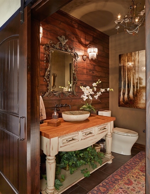 Eclectic Bathroom with crystal chandelier sconce lights